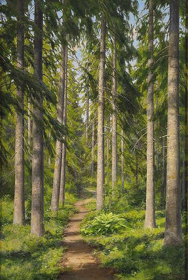 johan krouthen Sunlit forest path oil painting image